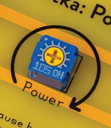 Ein Trimmer-Potentiometer auf einer Platine montiert, das zur Feineinstellung der Schaltung genutzt wird.